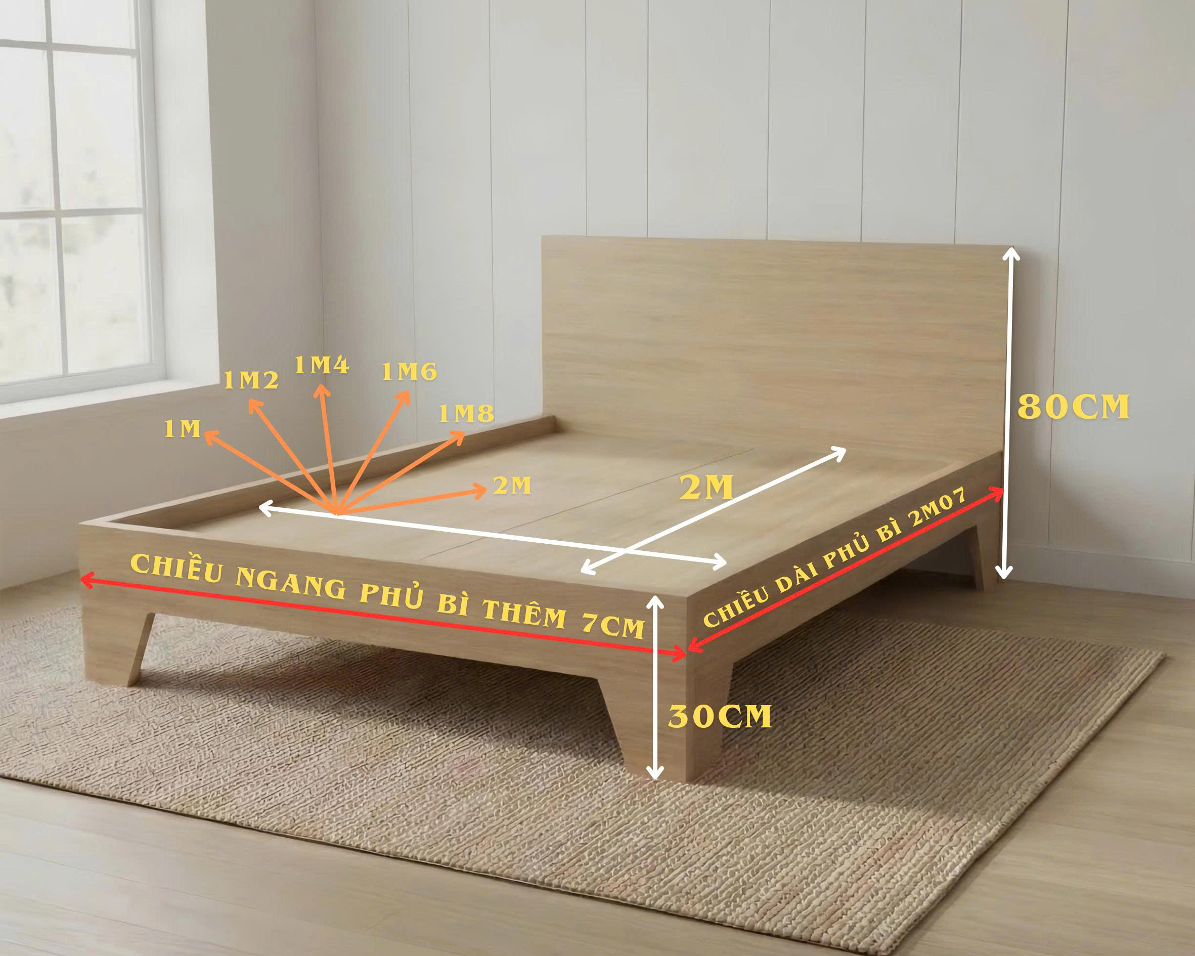 Quy cách kích thước giường cơ bản có chân